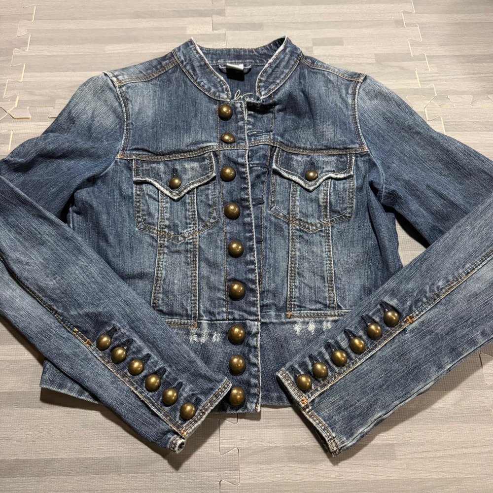 Silver Jeans Size M Military Denim Jacket Blue Y2K Brass Buttons